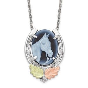 Black Hills SS 12K Gold Accents Horseshoe w Horse Head Blue Cameo 18"  Necklace